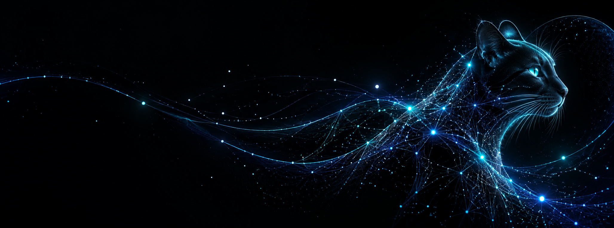 A luminous neural feline crossing a dark signal field